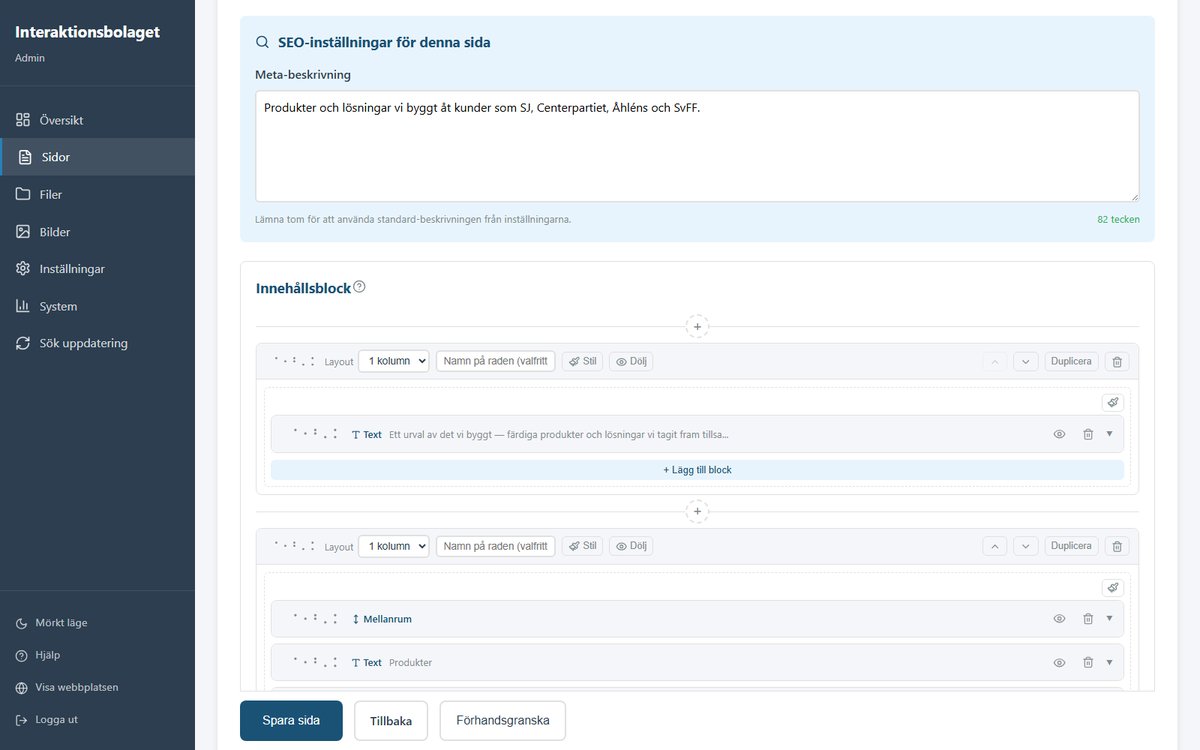 Skärmbild av Sitebuilders adminpanel